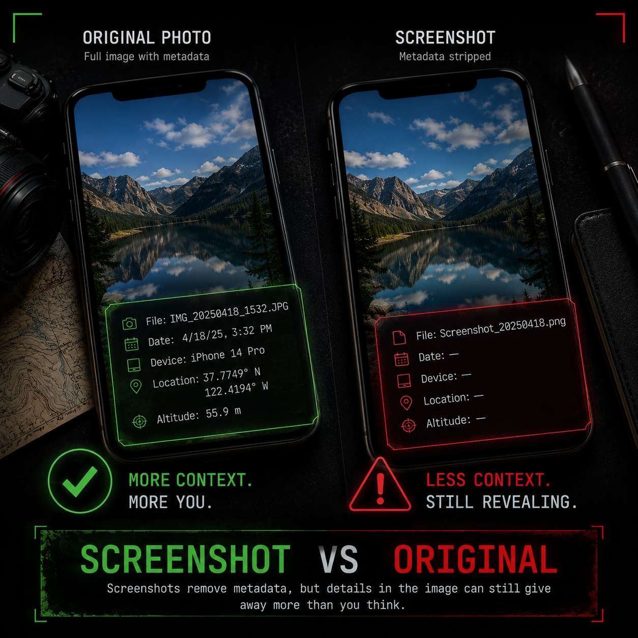 Screenshot versus original photo — screenshot strips GPS, original may carry location data