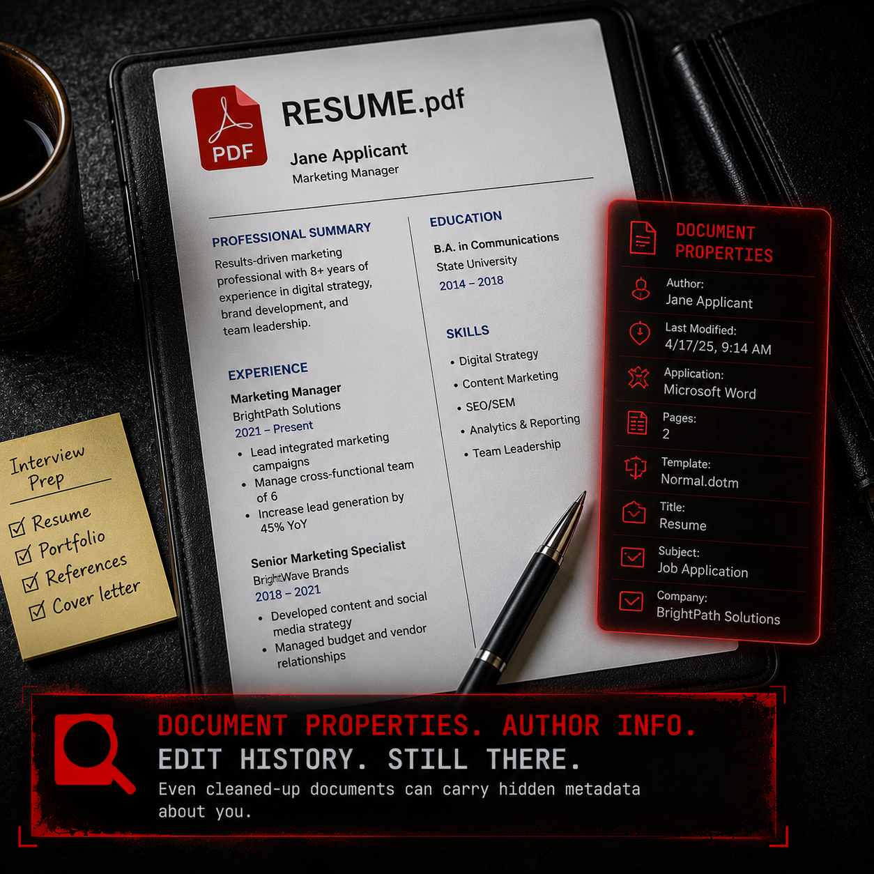 Resume or PDF document — author field and edit history may be embedded in file properties